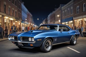 photorealistic, 32k, hdr, realistic, raw photo, dark blue 1969 Pontiac firebird, muscle car, night, car meet, crowded, detailed background, masterpiece, best quality, ultra-detailed, very aesthetic, illustration, perfect composition, intricate details, absurdres,