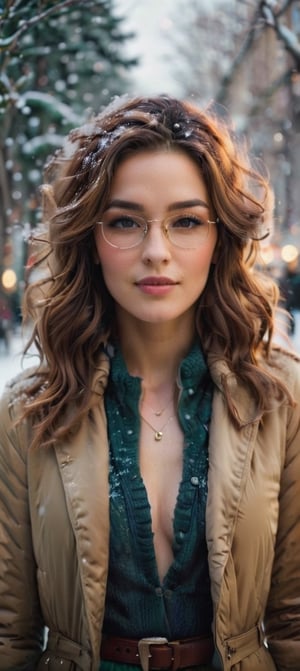 A Photograph with artistic style portrays a female, Irish, perfect face in ultra-realistic detail. The composition imitates a cinematic movie, The intricate details, sharp focus, and crystal-clear skin, (Full body photo), walking along a wide brick walkway through a ((detailed realistic outdoor backdrop of Central Park in winter in the distance, heavy snow on the ground, Manhattan, New York, distant view:1.7), (Masterpiece, Best quality,32k,UHD:1.5), (sharp focus, high contrast, HDR, ray tracing, hyper-detailed, intricate details, ultra-realistic, award-winning photo, Kodachrome 800:1.4), (cinematic lighting:1.2), ambient lighting, side lighting, Exquisite details and textures a beautiful Irish woman, 40 years old, walking outdoors, facing the camera, smiling warmly, lips closed, (pale skin), long shoulder length ((red curly hair)), messy, very long curly hair, perky natural breasts, ((Sexy pose)), perfect female form, perfect body proportion, perfect anatomy, detailed exquisite symmetric face, detailed soft skin, glossy lips, warm smile, bare legs, slender sexy legs, mesmerizing, detailed hair, ((gold necklace, gold hoop earrings, glasses, warm winter jacket, very short business dress:2.0)), best quality, masterpiece, beautiful and aesthetic,  high contrast, bokeh:1.2, lens flare, (vibrant color:1.4), (muted colors, dim colors, soothing tones:0), Warm tone, (Bright and intense:1.2), wide shot ultra realistic illustration, sienna natural ratio, ((head to feet:2.0)) portrait, a beautiful instagram, slightly upturned nose, beautiful nose, chin dimple, brown eyes, bare legs, front, (((full body))), nsfw, ,WINTER