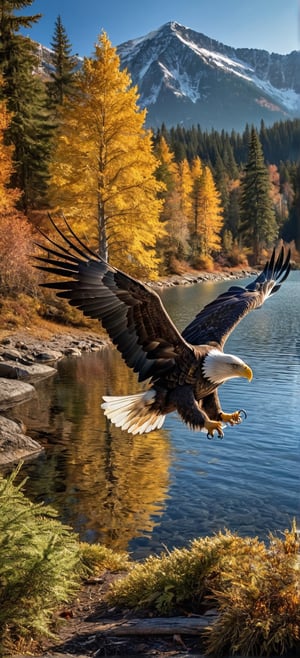 A bald eagle, full body image, High Detailed RAW color Photo, a masterpiece, perfect proportion, perfect claws, perfect talons, detailed, flying above a mountain lake, autumn day, sun shining through the trees, photography, photorealism, medium shot, warm, natural lighting to highlight the subject’s features, Ultra HD, hdr, 16k, DSLR,y0sem1te