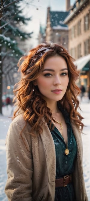 A Photograph with artistic style portrays a female, Irish, perfect face in ultra-realistic detail. The composition imitates a cinematic movie, The intricate details, sharp focus, and crystal-clear skin, (Full body photo), walking along a wide brick walkway through a (detailed realistic outdoor backdrop of Central Park in winter in the distance, heavy snow on the ground, Manhattan, New York, distant view:1.3), (Masterpiece, Best quality,32k,UHD:1.5), (sharp focus, high contrast, HDR, ray tracing, hyper-detailed, intricate details, ultra-realistic, award-winning photo, Kodachrome 800:1.4), (cinematic lighting:1.2), ambient lighting, side lighting, Exquisite details and textures a beautiful Irish woman, 39 years old, walking outdoors, facing the camera, smiling warmly, lips closed, (pale skin), long shoulder length ((red curly hair)), messy, very long curly hair, perky natural breasts, ((Sexy pose)), perfect female form, perfect body proportion, perfect anatomy, detailed exquisite symmetric face, detailed soft skin, glossy lips, warm smile, mesmerizing, detailed hair, ((gold necklace, gold hoop earrings, warm winter clothes)), best quality, masterpiece, beautiful and aesthetic,  high contrast, bokeh:1.2, lens flare, (vibrant color:1.4), (muted colors, dim colors, soothing tones:0), Warm tone, (Bright and intense:1.2), wide shot ultra realistic illustration, sienna natural ratio, (head to feet) portrait, a beautiful instagram, slightly upturned nose, beautiful nose, chin dimple, brown eyes, front, (((full body))), nsfw, ,WINTER