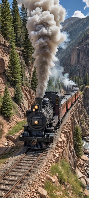 Generate a high resolution, 32k,hdr,photo realistic image of a narrow gauge train, steam engine pulling passenger cars, traveling from Silverton to Durango, rocky mountains, Colorado 