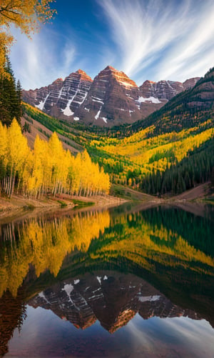Serene Fall Morning at Maroon Bells, Colorado: A tranquil scene unfolds as the golden aspens stand tall against a backdrop of emerald pine trees, their needles rustling gently in the crisp autumn air. The still lake's glassy surface reflects the low-angle sunlight, casting a warm glow on the majestic Maroon Bells, which seem to bleed into a deep maroon hue. The morning's cool mist dances across the water, creating an ethereal veil that shrouds the landscape in mystery.