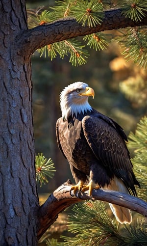 A bald eagle, full body image, serious expression, High Detailed RAW color Photo, a masterpiece, sitting on a pine tree, autumn day, sun shining through the trees, photography, photorealism, medium shot, warm, natural lighting to highlight the subject’s features, Ultra HD, hdr, 16k, DSLR,y0sem1te