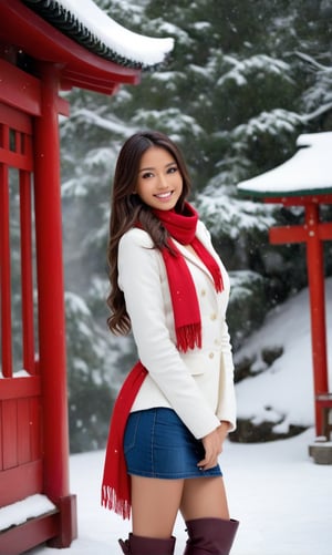 Vibrant winter wonderland scene: a stunning dark brown-haired girl, tanned skin texture mastered, poses effortlessly amidst the serene snowy shrine. Layered hair cascades down her shoulders, her slender legs are enhanced by the denim miniskirt she wears, as she stands tall in knee-high snow boots, surrounded by heavy snowfall. The short denim skirt and white coat-knit dress shirt ensemble creates a striking visual contrast. A ravishing thin red scarf flows around her neck. Closed-up, her unforgettable beauty radiates through a sultry smile, inviting the viewer to step into this whimsical world of absurd beauty.