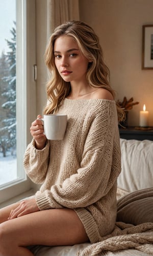 Here's your prompt:

A stunning young woman, with long, dark blonde hair cascading down her back, sits comfortably in a cozy room bathed in soft, warm light. She cradles a steaming mug in her hands, the sleeves of her beige wool sweater almost covering her fingers. Her legs, bare and smooth, extend out from beneath the hem of the sweater, creating a sense of intimacy. The room's interior is a haven of warmth, while the winter landscape beyond the window hints at the chill outside. Capture this inviting scene in stunning 32k resolution, with every detail rendered in hyper-realistic precision.