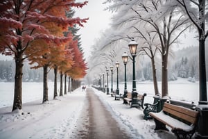 A photograph, portrays a slender female, Irish, slender face, perfect face in ultra-realistic detail, sharp focus, and crystal-clear skin, (Full body photo), wearing warm winter clothes, (walking) along a (detailed realistic outdoor backdrop of a wide walkway:1.5), (Masterpiece, Best quality, 32k, UHD:1.5), (sharp focus, high contrast, HDR, ray tracing, hyper-detailed, intricate details, ultra-realistic, award-winning photo:1.4), Exquisite details and textures, colorful, a view looking along a brick walkway, lined along (one side with large closely spaced maple trees:1.5), (park benches facing the walkway between the tree trunks:1.5), tree branches form a thick canopy over the walkway, trees have dropped their leaves, barren branches, a (black, ornate, Victorian style decorative metal handrail lines the walkway opposite the trees:1.5), the handrail separates the walkway from (one slow moving river, detailed:1.5) , (handrail along one side of the walkway), the river flows parallel to the walkway, the river and walkway are parallel with each other, urban setting, (brick buildings in the distance:1.3), best quality, masterpiece, beautiful and aesthetic,  high contrast, bokeh:1.2, lens flare, (muted color:1.4), dim colors, wide shot ultra realistic illustration, winter, fog in the air, cold, ((heavy snow on the ground, snow in the tree branches:1.6)), (ice on the surface of the river:1.6), midafternoon, photorealistic, Extremely Realistic, WINTER