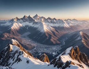 Detailed hyperrealistic photoshoot of a panoramic view of mountains in the winter.  Cinematic and intricately detailed snow covered mountain range from a high vantage point, intricate, highly detailed, long distance view, sunset, sharp focus, 16k, canon eos 450D, 