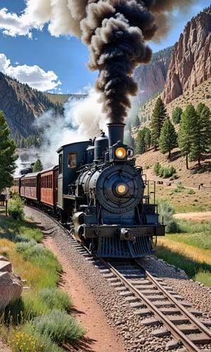 Generate a high resolution, 32k,hdr,photo realistic image of a narrow gauge train, steam engine pulling passenger cars, traveling from Silverton to Durango, rocky mountains, Colorado 