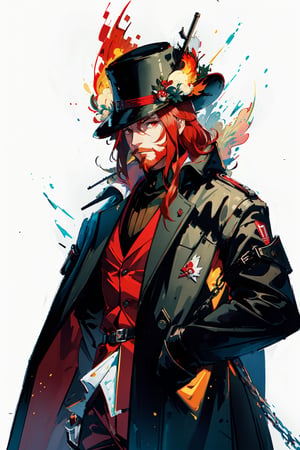 masterpiece,, (masterpiece, best quality:1.5), Handsome man wearing slick collared red trench coat , red full beard ,  turtle neck , neck-length red hair, wearing a red fedora , futuristic skyscrapers in the background ,] buildings , red eyes, [(white background:1.15)] ,weapon,midjourney, green flames, solo , wide view