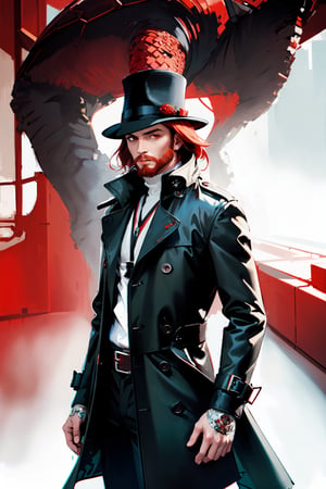 masterpiece,, (masterpiece, best quality:1.5), Handsome man wearing slick collared red trench coat , red full beard ,  turtle neck , neck-length red hair, wearing a red fedora , futuristic skyscrapers in the background ,] buildings , red eyes, [(white background:1.15)] ,weapon,midjourney, green flames, solo , wide view,1guy