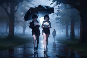 -***Two young girl*** - big breasts, thin, Slim legs))
-Two girl is black blue hair 
-Professional digital art
-lofi painting
-digital art 
-beautiful composition

Background -  under the tree & raining