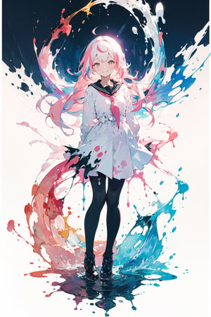white background, (multicolored background, ink, colorful:1.2), straight-on, 1girl, solo, cute face, light pink hair, floating hair, timid smile, closed mouth, standing, arms behind back, (splashing), watercolor,masterpiece,best quality:1.2
