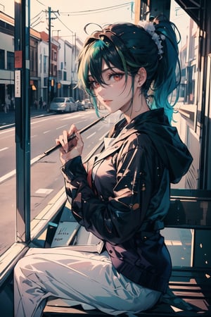 masterpiece, ultra detailed, high quality, 1girl, (blush, red face, parted lips), detailed lips, sitting in bench, (solo), wide shot, scenery, full body, Kuki Shinobu, green hair, hair between eyes, ponytail, short hair, (purple eyes:1.1), hair ornament, kukishinoburnd