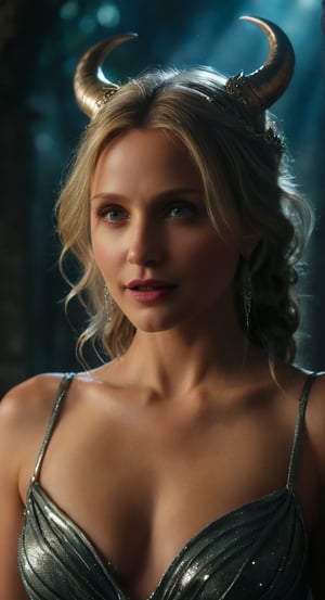 Cameron Diaz's face,In a dimly lit, mystical realm, a breathtaking monster girl stands tall, her piercing eyes gleaming like starlight amidst the shadows. Delicate, long eyelashes frame her gaze, while full lips curve into a subtle, enigmatic smile. Sharp teeth glint in the soft light, as she gazes forth with an air of mystique. Intricate horns adorn her forehead, their delicate curves echoing the contours of her face. A flowing costume, reminiscent of ancient mythology, drapes across her lithe form, shimmering like moonlit mist. The camera frames her full body shot, capturing every detail in cinematic splendor, as if painted by a master brush. In 8k resolution, photorealistic perfection ensues, with dramatic colors and moody atmosphere weaving a spell of enchantment around this otherworldly beauty.