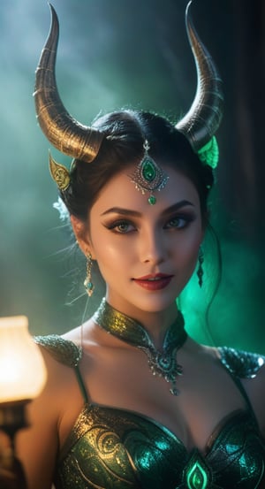 A majestic monster girl stands poised against a misty backdrop, her piercing emerald eyes gleaming like lanterns in the darkness. Intricate, swirling patterns adorn her horns and costume, shimmering with an ethereal glow. Full lips curve into a sly smile, revealing sharp teeth, as long eyelashes frame her dreamy gaze. Cinematic lighting casts dramatic shadows on her porcelain skin, while 8k photorealism renders each whisker, every fold in her clothing, and the mystical aura that surrounds her.