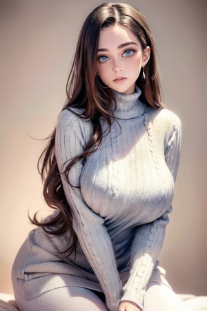 An attractive woman with piercing blue eyes and luscious brown hair wearing a warm sweater and sleek turtleneck sits quietly against a pastel winter background. Her upper body is carefully rendered to accentuate the soft appeal of her slightly parted lips and subtle freckles. Her hair is slightly messy, she exudes a relaxed elegance, and her smooth and sexy white legs add a warm glow to this comfortable winter day.