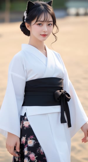 A Japanese girl stands tall, her shiny black curls framing her heart-shaped face. Whimsical cat ears sprout from her forehead, adding a touch of playfulness to the scene. She wears a pure white kimono, its traditional folds and pleats accentuated by the gentle sheen. The fabric appears almost translucent against her porcelain skin, as if lit from within. A black cat print pattern adorns the garment's lower half, the intricate design weaving together in a mesmerizing dance. In this meticulously composed portrait, every element converges to create a captivating and enigmatic beauty.