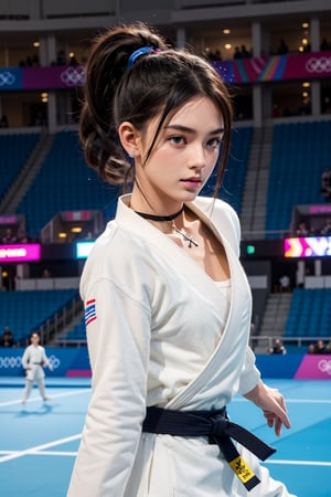 Here's a high-quality coherent prompt for the requested digital art:

Blake, a boyish girl with shiny black hair and short pointed ears resembling a succubus demon, stands in a dynamic judo fighting pose within a French Olympics 2024 judo hall. She wears a judo player outfit, complete with cross lace choker, necklace, and earrings. Her skin is detailed and realistic, with very beautiful features and piercing eyes. Surrounded by light particles, Blake's image exudes an attractive and lively aura, as if frozen in the midst of a thrilling match.