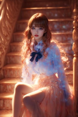 A best-quality, 32k photorealistic image of a stunning high school student girl, dressed in her crisp school uniform, sitting elegantly on the stairs. The soft, warm lighting casts a gentle glow on her porcelain skin and highlights the intricate details of her uniform's embroidery. Her beautiful eyes are sharply focused, with delicate eyelashes framing her gaze. The cowboy-inspired shot (cowboy_shot) captures the perfect dynamic composition, with the subject's pose exuding confidence and poise.