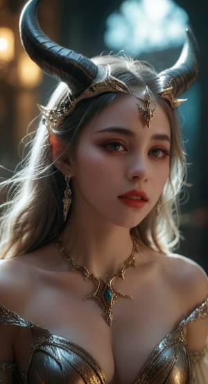 a beautiful monster girl, detailed facial features, piercing eyes, long eyelashes, full lips, sharp teeth, horns, intricate costume, fantasy creature, ethereal and mystical, cinematic lighting, highly detailed, 8k, photorealistic, dramatic colors, moody atmosphere, digital art, full body shot