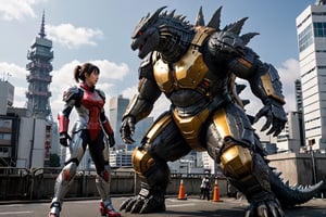 Mecha Girl vs. Godzilla!!
Godzilla is wreaking havoc in Tokyo, causing damage to the city and making it very dangerous.
The mecha girl goes to stop Godzilla, causing a huge explosion, which is very exciting.
The girl who became a giant (120 meters), high-tech armor (no mask), tokusatsu movie, hourglass body shape, full body, background is Tokyo city, beauty, beautiful face, realism: 1.3, best quality, masterpiece, extremely lifelike,DonMD1g174l4sc3nc10nXL ,high rise apartment,More Reasonable Details,Gold,Red mecha,Godzilla,more detail XL