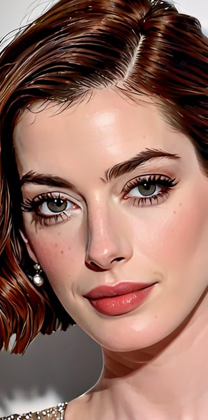 Anne Hathaway's face is very similar
 -sexy poses-portraits-with blush-thick lips-freckles-8k-browed up.
 Portrait - Long Eyeliner - 16k - Contrast - Closeup Portrait Detail - Closeup Portrait - Portrait Center - Red Hair - Dress - Realistic Lighting