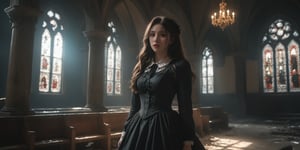 A hauntingly eerie close-up captures the intensity of a Gothic Lolita clad in a long black dress, standing amidst the chaos of an abandoned church. The ground is littered with Zombie Corpses, their lifeless bodies eerily illuminated by the faint light filtering through the stained glass windows. Her dark locks cascade down her pale skin as she gazes away, her eyes seemingly lost in thought. A crimson-stained hemline on her dress hints at the gruesome reality surrounding her. In one hand, she grasps a shotgun, ready to face whatever horrors lie ahead.