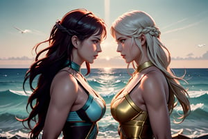 A close-up shot on a pristine white sandy beach at dawn, with a subtle golden glow. Two ancient Spartan female warriors, Helena and Andromeda, stand facing each other in a tense standoff, their expressions stern and unyielding. Their stances are low and wide, fists clenched, ready to strike. The camera captures the intricate details of their armor, the curves of their swords, and the determined glint in their eyes. The sound design emphasizes the soft lapping of waves against the shore, punctuated by the distant cries of seagulls.