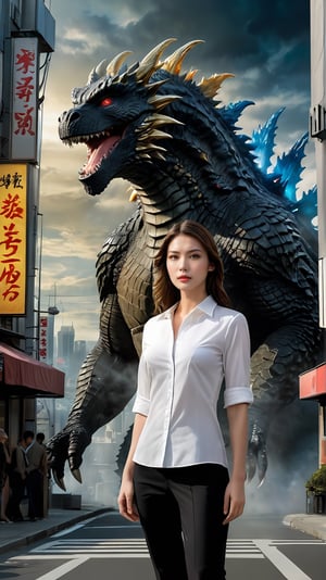 Create a portrait of a European woman with a beautiful face and a supermodel figure, showing her grace and temperament on the sidewalk, forming a strong contrast with the huge poster of King Ghidorah behind her.

The huge poster of Godzilla.

((Masterpiece, Best Quality)) ultra high definition pictures, crystal translucency, vibrant artwork
Super real, photo style, realistic style, cinematic moviemaker style,Godzilla,horror (theme),stworki