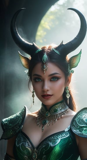 A majestic monster girl stands poised against a misty backdrop, her piercing emerald eyes gleaming like lanterns in the darkness. Intricate, swirling patterns adorn her horns and costume, shimmering with an ethereal glow. Full lips curve into a sly smile, revealing sharp teeth, as long eyelashes frame her dreamy gaze. Cinematic lighting casts dramatic shadows on her porcelain skin, while 8k photorealism renders each whisker, every fold in her clothing, and the mystical aura that surrounds her.