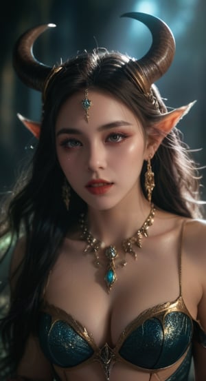 a beautiful monster girl, detailed facial features, piercing eyes, long eyelashes, full lips, sharp teeth, horns, intricate costume, fantasy creature, ethereal and mystical, cinematic lighting, highly detailed, 8k, photorealistic, dramatic colors, moody atmosphere, digital art, full body shot