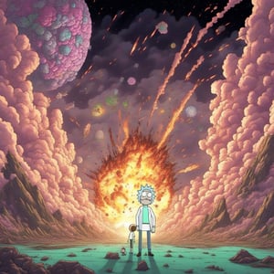 detailed anime artwork of the end of the world by an atomic blast, rick and morty style