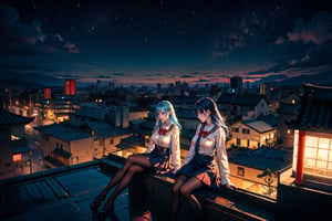 -****Two schoolgirl***** ((big breasts, thin, Slim legs))
-Two girl is blue hair 
-Professional digital art
-lofi painting
-digital art 
-beautiful composition

wearing - ((Japanese school uniform)) & ((black pantyhose)).

background - Sitting on the Top-roof side. looking out of the city.

the view very far

time - night, a lot star