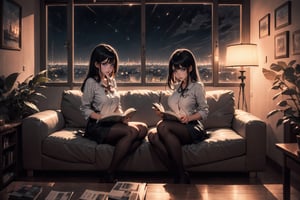 professional digital art of teenage, thin, long black hair and big breasts two girl wearing Japanese school uniform & black pantyhose lofi painting, Character focus, digital art, beautiful composition, trending on artstation ,civitai and deviantart, Night time study books together at home sitting on sofa and focus to studying, beside candle lit.