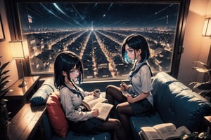 professional digital art of ((teenage, thin, long black hair & blue hair, two-tone hair)), and big breasts two girl wearing ((Japanese school uniform)) & ((black pantyhose)) lofi painting, Character focus, digital art, beautiful composition, trending on artstation ,civitai and deviantart, Night time study books together at home sitting on sofa and focus to studying, beside candle lit. 