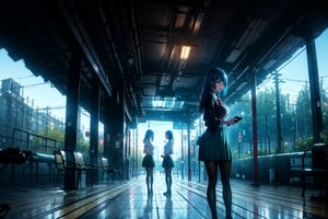 -((**Two young girl** - big breasts, thin, Slim legs))
-Two girl is blue hair 
-Professional digital art
-lofi painting
-digital art 
-beautiful composition

wearing - ((Japanese school uniform)) & ((black pantyhose)).

background - Taking the tram. On the way to school.

time - night