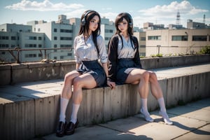 -****Two young girl**** - ((big breasts, thin, Slender legs, Slim calves, Delicate legs))
-Two girl is **Dark blue hair** 
-**Wearing headphones**, looking sadly into the distance.
-Professional digital art
-digital art 
-beautiful composition

wearing: ((White Japanese school uniform)) & ((black pantyhose)).

scene: Sitting on the school rooftop, wearing headphones and listening to music.