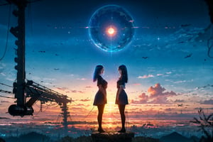 -((**Two young girl** - big breasts, thin, Slim legs))
-Two girl is blue hair 
-Professional digital art
-lofi painting
-digital art 
-beautiful composition

wearing - ((Japanese school uniform)) & ((black pantyhose)).

background - In the top tower over looking the earth

time - night