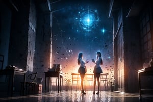 -Two schoolgirl ((big breasts, thin, Slim legs))
-Two girl is blue hair 
-Professional digital art
-lofi painting
-digital art 
-beautiful composition

wearing - ((Japanese school uniform)) & ((black pantyhose)).

background - at Home & together studying 

time - night, a lot star