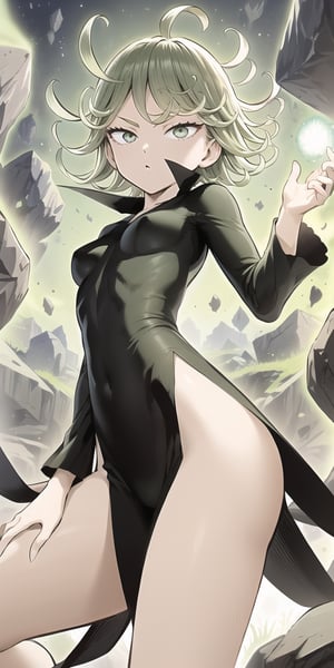 masterpiece, best quality, 1 girl, tatsumaki, green hair, green eyes, iom, 1 girl, alone, looking at viewer, short hair, long sleeves, dress, cowboy photo, small breasts, covered navel, floating hair, side slit, floating, curly hair, telekinesis, more curvy, levited stones, power, random_pose,green aura
