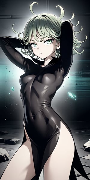 masterpiece, best quality, 1 girl, tatsumaki, green hair, green eyes, iom, 1 girl, alone, looking at viewer, short hair, long sleeves, dress, cowboy photo, small breasts, one arm up, hands behind head, covered navel, floating hair, side slit, floating, curly hair, telekinesis, curvy, levited stones, 
