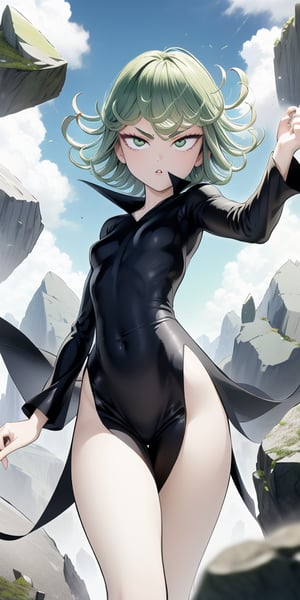 masterpiece, best quality, 1 girl, tatsumaki, green hair, green eyes, iom, 1 girl, alone, looking at viewer, short hair, long sleeves, dress, cowboy photo, small breasts, covered navel, floating hair, side slit, floating, curly hair, telekinesis, more curvy, levited stones, power, random_pose,green aura,IncrsPajChal,multiple views