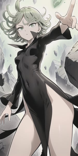 masterpiece, best quality, 1 girl, tatsumaki, green hair, green eyes, iom, 1 girl, alone, looking at viewer, short hair, long sleeves, dress, cowboy photo, small breasts, covered navel, floating hair, side slit, floating, curly hair, telekinesis, more curvy, levited stones, power, random_pose,green aura
