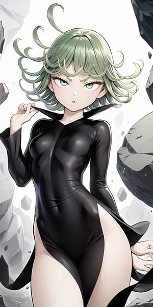 masterpiece, best quality, 1 girl, tatsumaki, green hair, green eyes, iom, 1 girl, alone, looking at viewer, short hair, long sleeves, dress, cowboy photo, small breasts, covered navel, floating hair, side slit, floating, curly hair, telekinesis, more curvy, levited stones, power, random_pose,green aura
