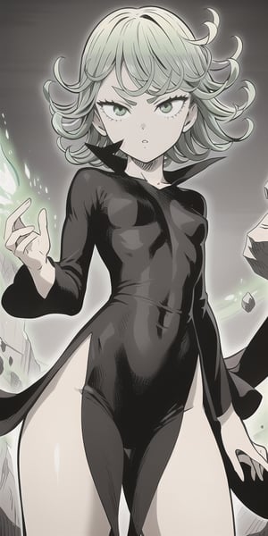 masterpiece, best quality, 1 girl, tatsumaki, green hair, green eyes, iom, 1 girl, alone, looking at viewer, short hair, long sleeves, dress, cowboy photo, small breasts, covered navel, floating hair, side slit, floating, curly hair, telekinesis, more curvy, levited stones, power, random_pose,green aura
