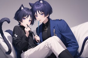 Scaramouche،blue hair, purple eyes, He blows his mouth Looks cute He has cat ears and a long tail, and wears a black jacket and white pants 