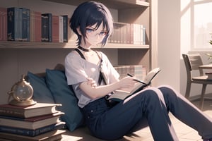 Trigger words: Scaramouche, dark blue short hair,bangs,light blue eyes,hair between eyes,wear White shirt ,with long pants,wear glasses ,hold book ,sit in library ,look annoyed 