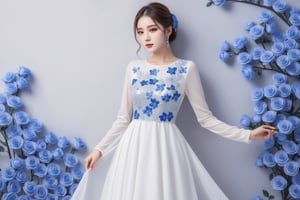 A long white glitter dress ,long sleeve with sparkling small blue sakura roses 