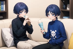 ,Scaramouche as a kid wear blue shirt and pants, blue hair and blue eyes,look cool , sitting on sofa,eat ice cream,Scara