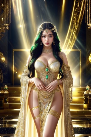 A stunning and beautiful Cleopatra, adorned with luxurious golden and silver decorations, wearing opulent attire that glimmers brightly. She stands in a space where dazzling light streams in, illuminating the surroundings. The environment is filled with gold and silver treasures, creating a sense of overwhelming grandeur. Cleopatra's emerald green eyes and hair add to her majestic presence, making her the focal point of the scene. The setting includes a richly decorated throne room, with intricate details and a majestic atmosphere. The light shines brilliantly, casting radiant beams and enhancing the overall splendor. Masterpiece, best quality, 8K ultra-high resolution.

 (masterpiece), (best quality:1.0), (ultra highres:1.0), detailed illustration, detailed beautiful skin, (front focus,VeryLongLegs,(very_long_legs:0.75)add_detail,:epi_noiseoffset2:1,((1girl, solo, pantyhose, black hair, long hair,medium dreast, choker, standing, breasts, looking at viewer, OUTdoors, realistic, white choker, black pantyhose, parted lips, brown eyes, chair, covering dress, BIG BREAST